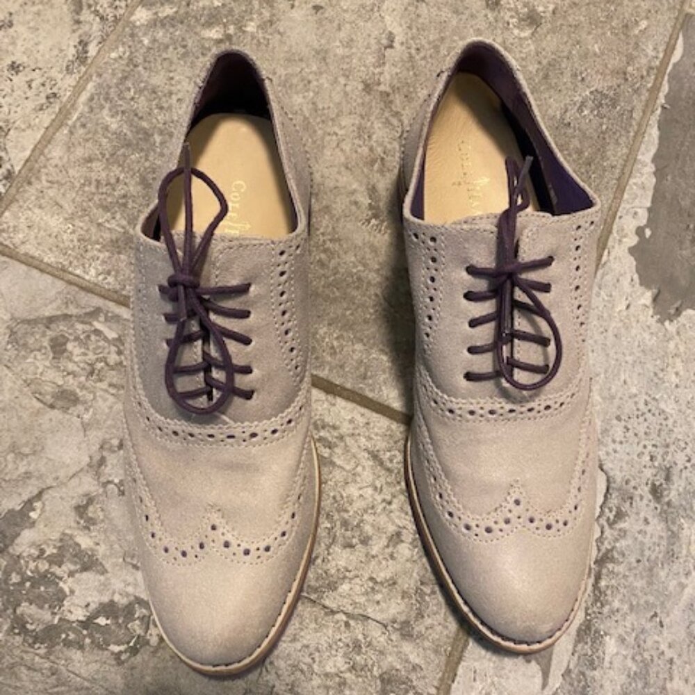 Ladies Cole Haan Oxfords, Size 7.5, Medium Grey with Purple Soles and Laces
